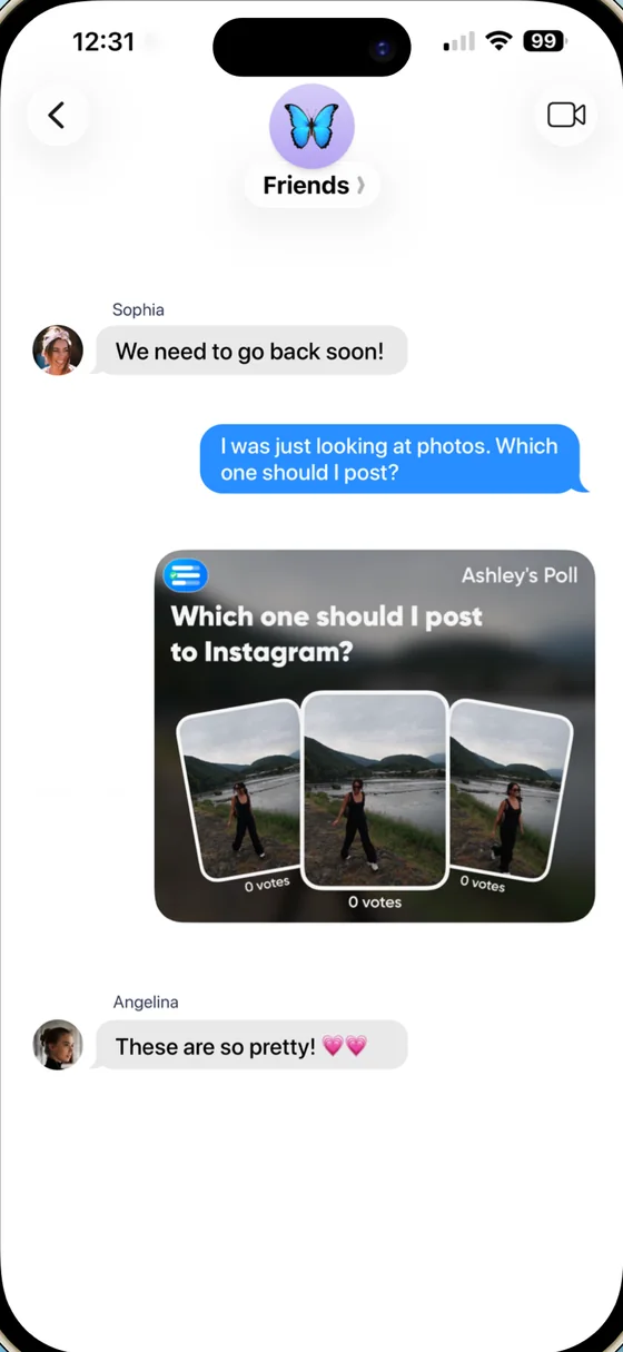 A photo poll in a group chat: which of three photos to post
