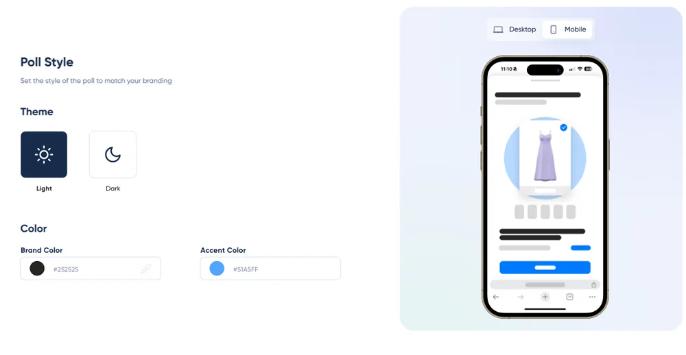 The merchant's poll style settings: light or dark theme and brand colours, with a live phone preview